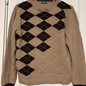 United Colors Of Benetton Beige and Black Argyle Sweater